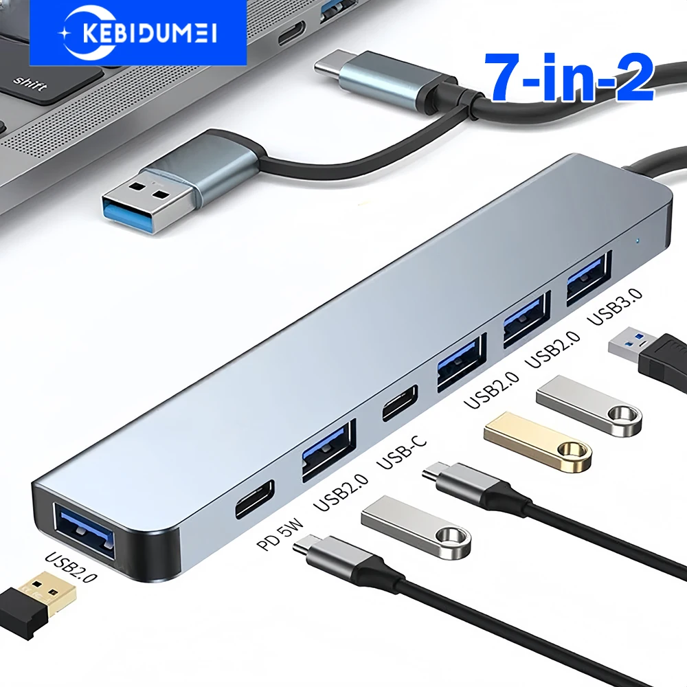 7-in-2 USB 3.0 ハブ USB C ハブ タイプ C から USB ハブ USB C ドッキング ステーション 5Gbps 高速伝送アダプター OTG PC MacBook 用，7-in-2 USB 3.0 HUB USB C HUB TYPE C to USB HUB USB C Docking Stations