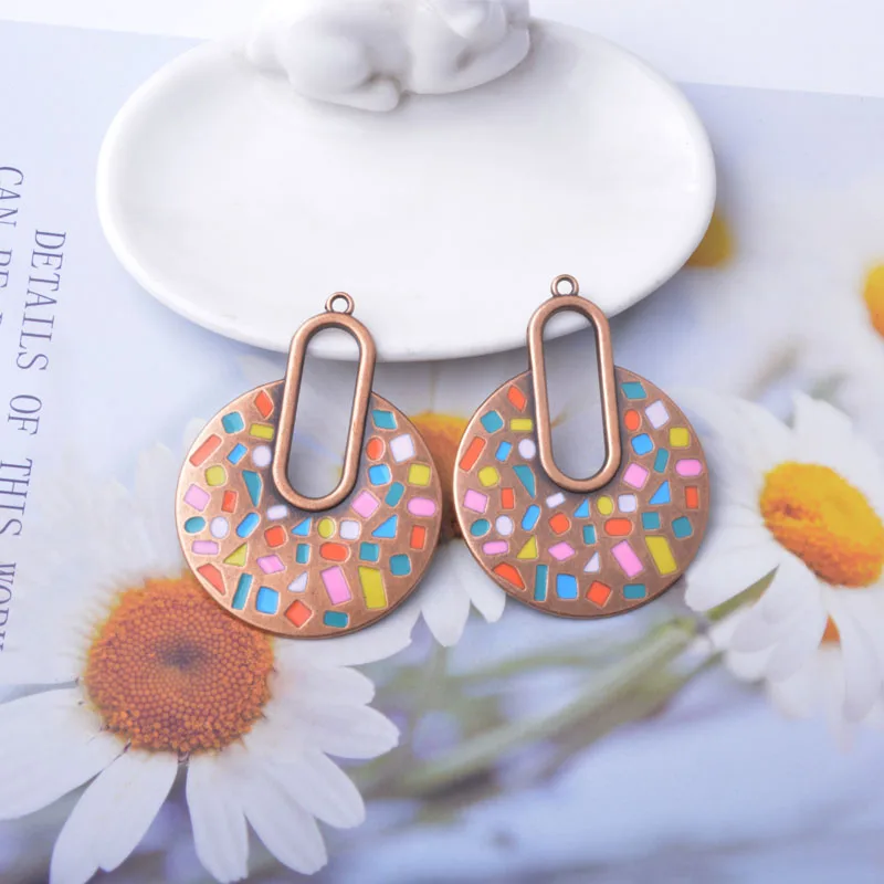 10 Stück/Set 44*59mm Boho Legierung Bunte Runde Große Anhänger Damen Schmuckzubehör Emaillierter Anhänger – Detail 5