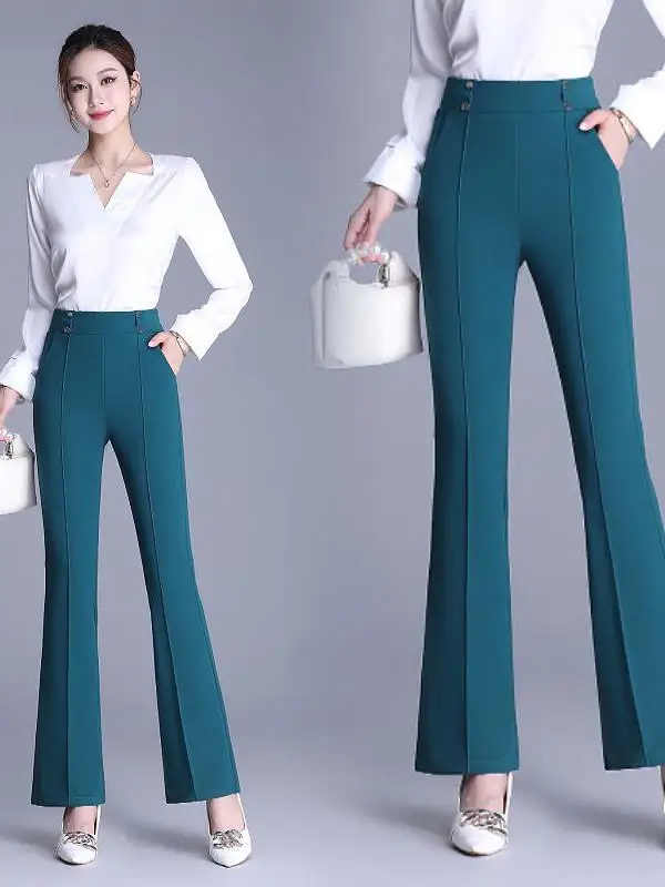 High Waist Black Flared Pants Women's Elastic Casual Trousers Straight Cut Drapey Stylish Polyester Fiber Commute Style