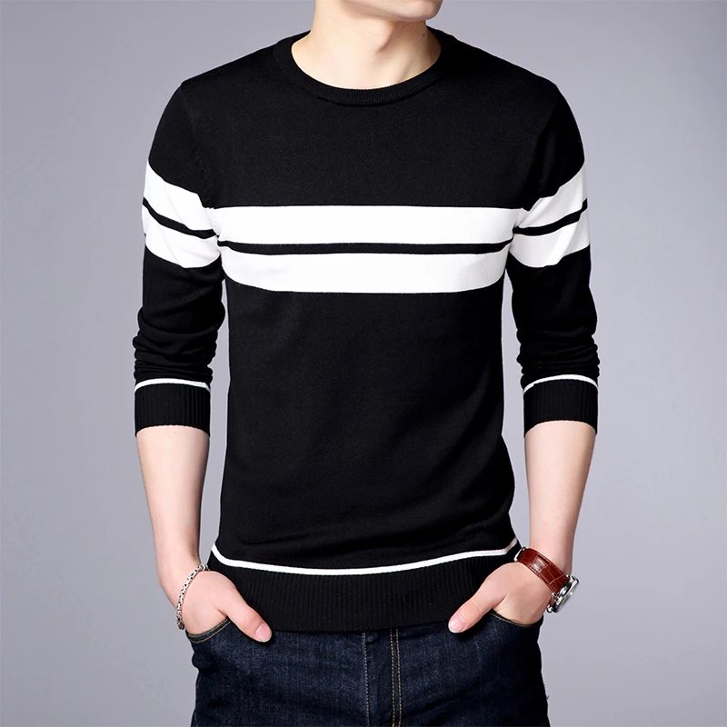 Men\'s Casual Striped Knit Spring and Autumn Long Sleeved Pullover Fashion Top