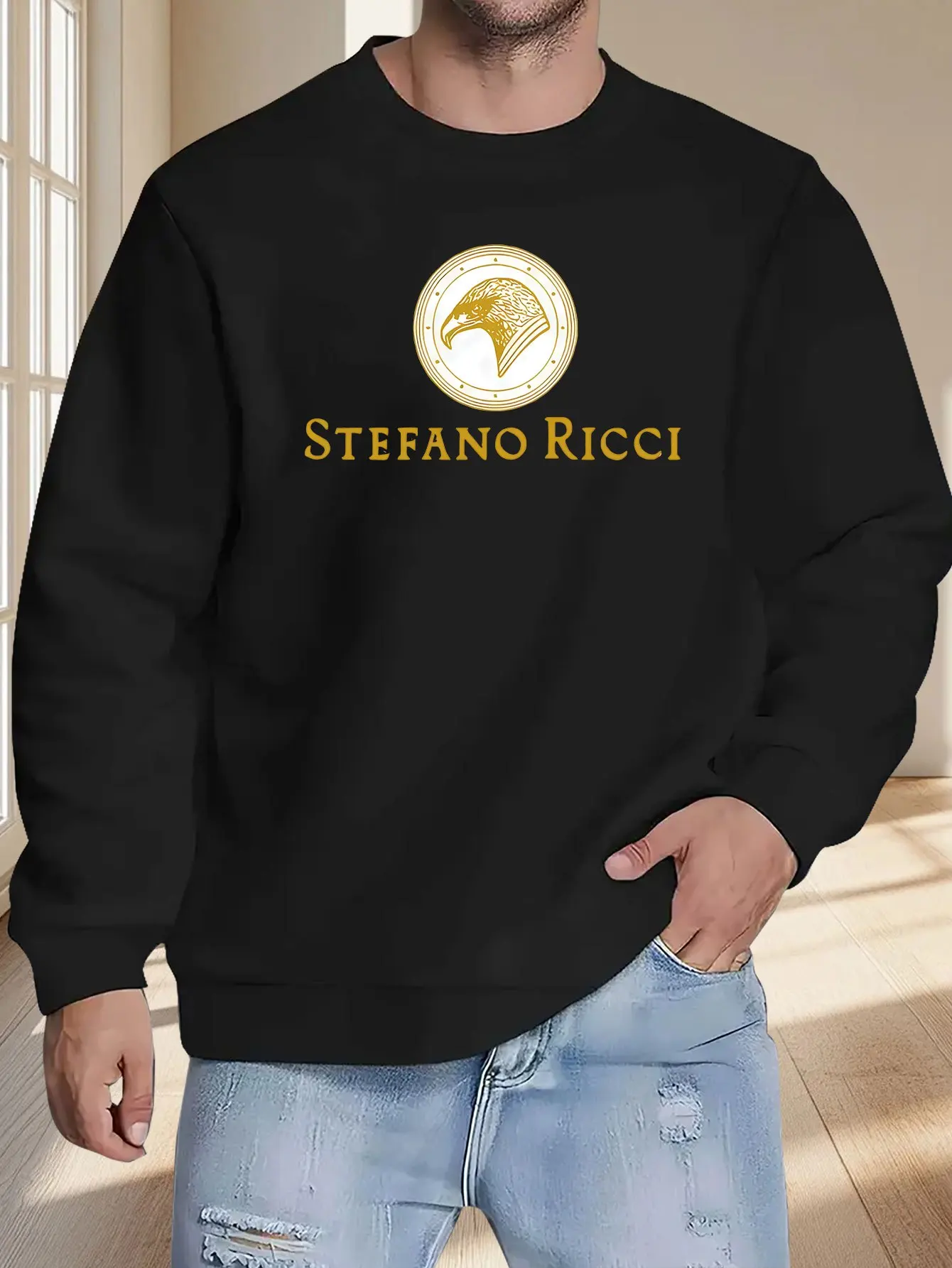 

Men'S Stefano Ricci Graphic Sweatshirt - Black Casual Streetwear Pullover with Golden Eagle Design, Soft Breathable Fabric