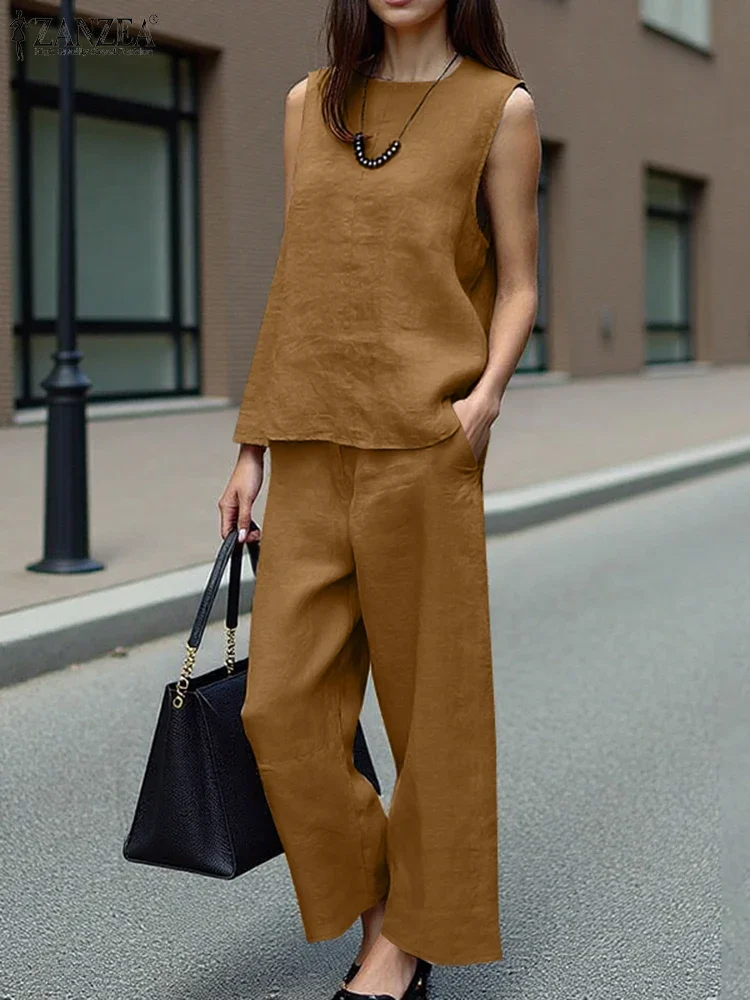 ผู้หญิงชุดจับคู่ ZANZEA แฟชั่นแขนกุดชุดลําลองหลวมกางเกงขากว้างชุด 2025 ฤดูร้อนสํานักงาน 2PCS
