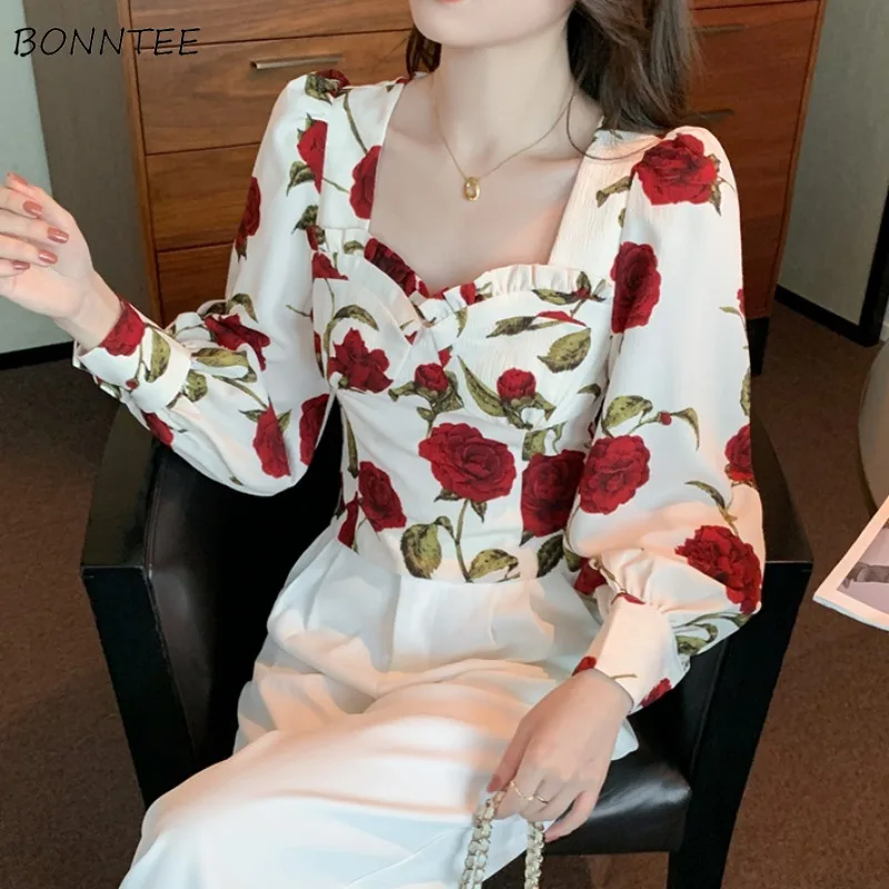 Long Sleeve Shirts Women Floral Printed Spring Summer Thin Vintage Chic Cropped Tops Loose Square Collar Chains Basic Clothes