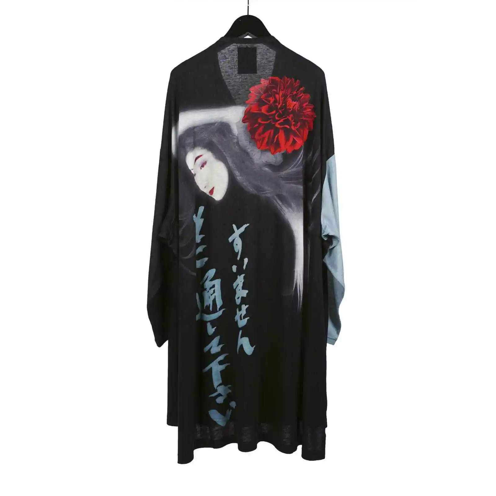 

TOP-YAMAMOTO Japanese original design Dark niche round neck black printed long cotton T-shirt