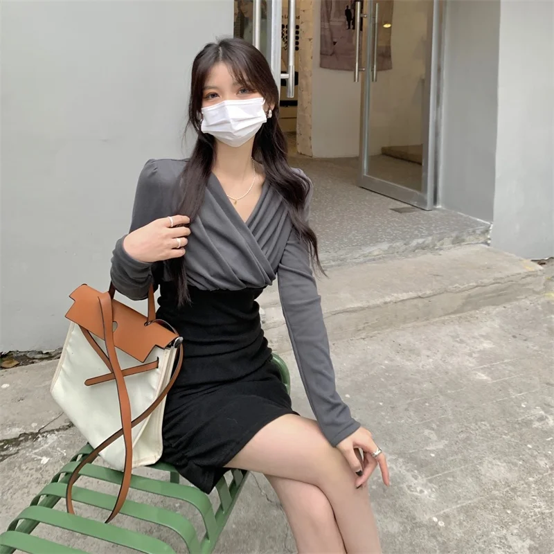 

Slimming V-Ne Wrap around Bodycon Dr Autumn Winter New Sle High Waist Knitted Fabric Long Sve Ci Commute Dr