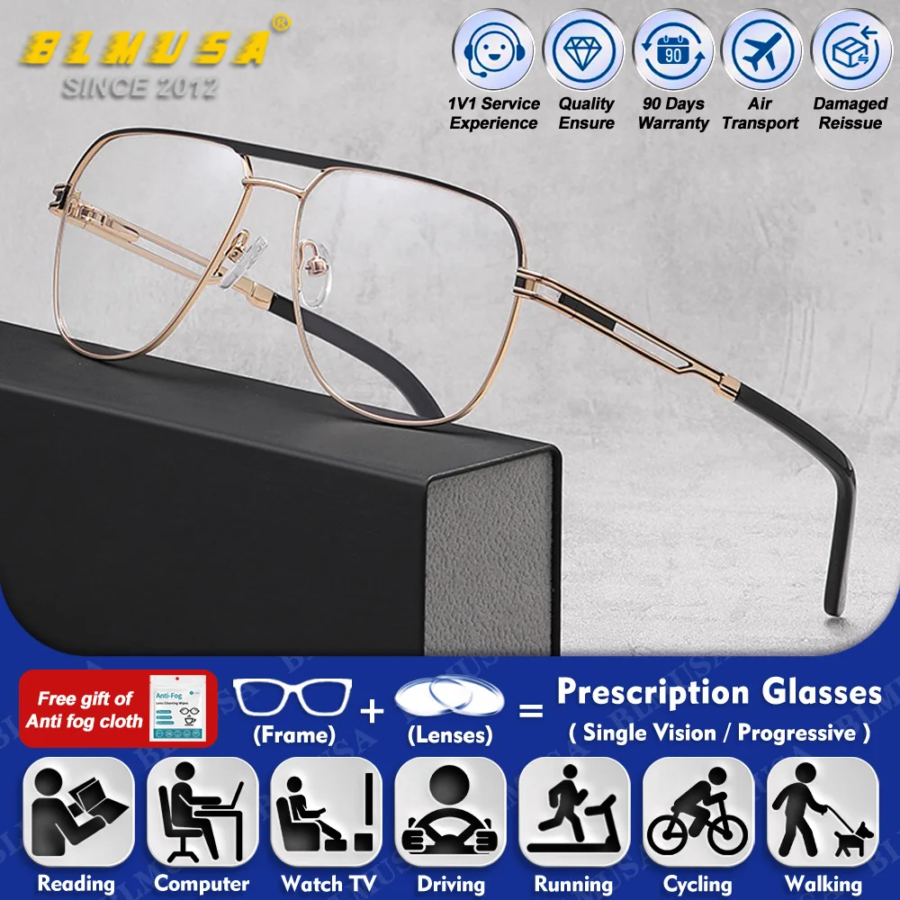 

BLMUSA (M) Simple Business Pilot Men's Myopia Reading Glasses High Quality Anti Blue Ray Multifocal Prescription Optical Eyeware