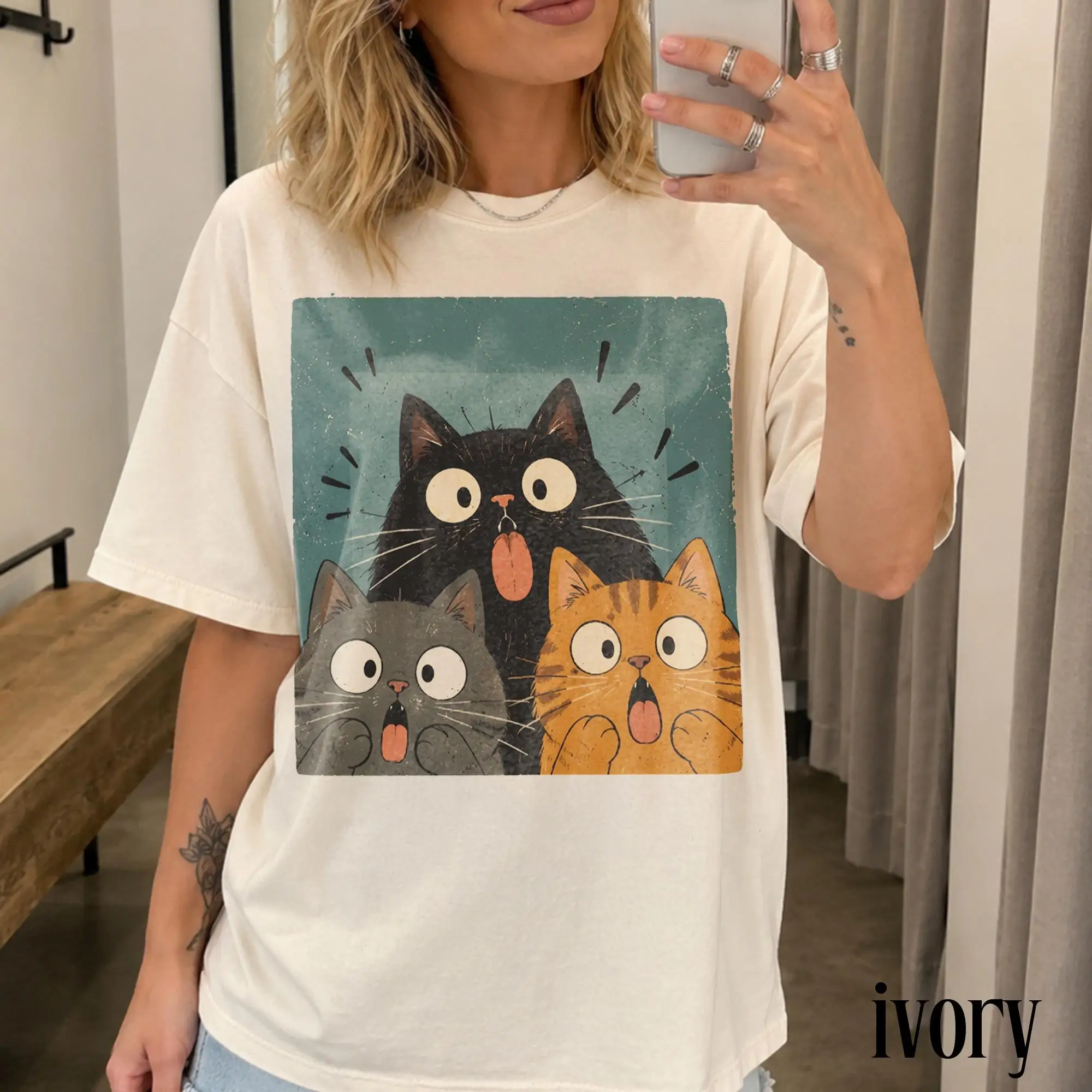 Retro Funny Cat Graphic Tee, Shocked Kitten Animal Shirt, Vintage Meme Streetwear Top,  Cat Lover Gift Tee Finn