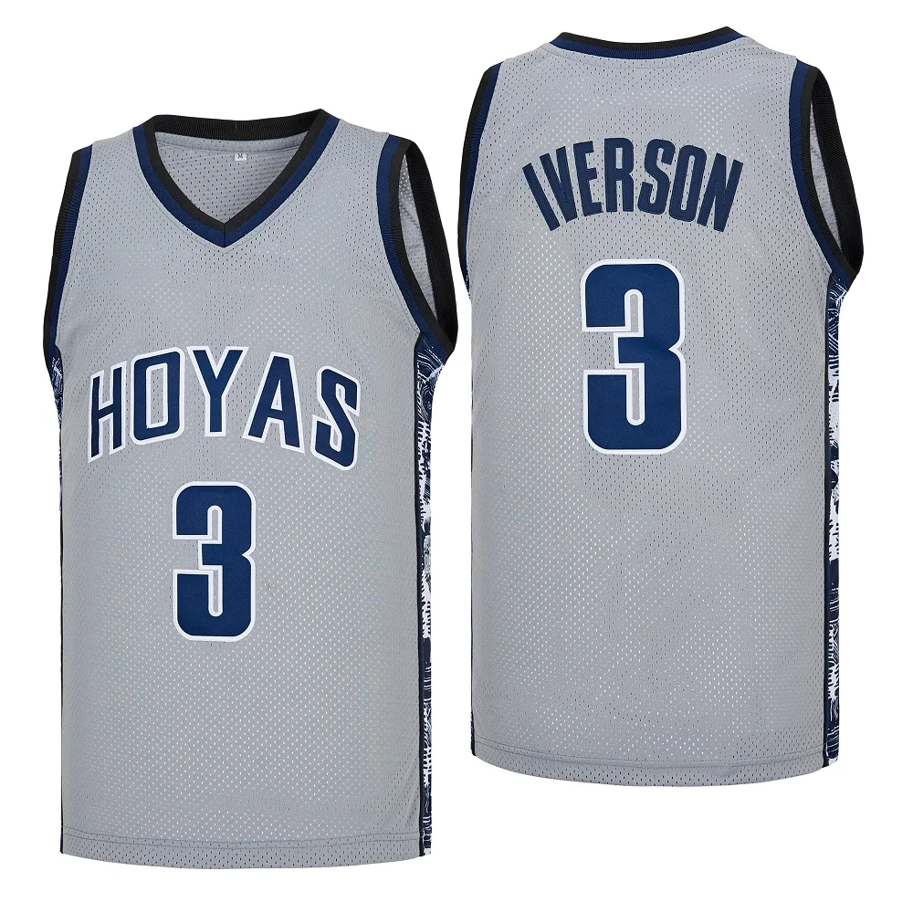 Basketball jerseys high school GEORGETOWN 3 Iverson jersey Sewing embroidery Cheap High Quality Outdoor sportswear Grey Blue