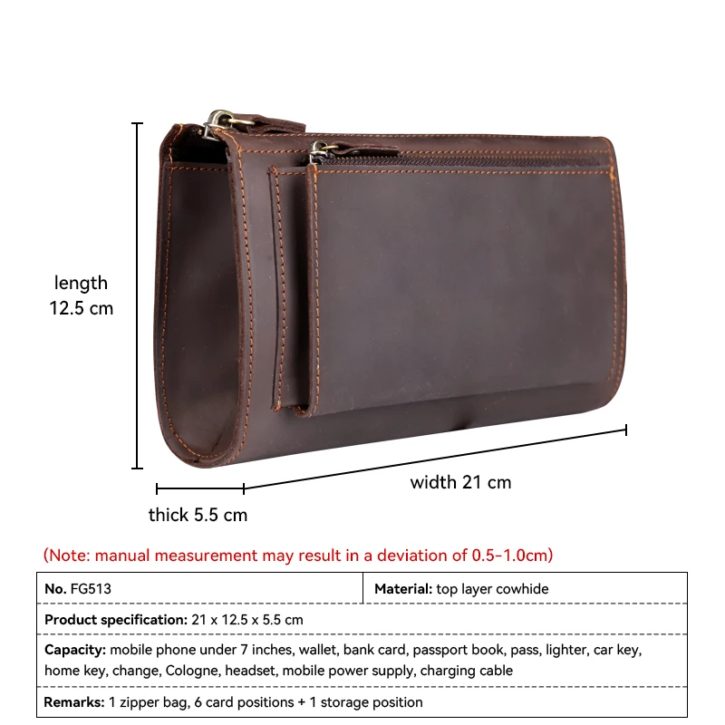 Men\'s Clutch Bag Handmade Genuine Leather Wrist Handbag Cow Leather Clutch Wallet Storage Long Wallets Money Bag Purse