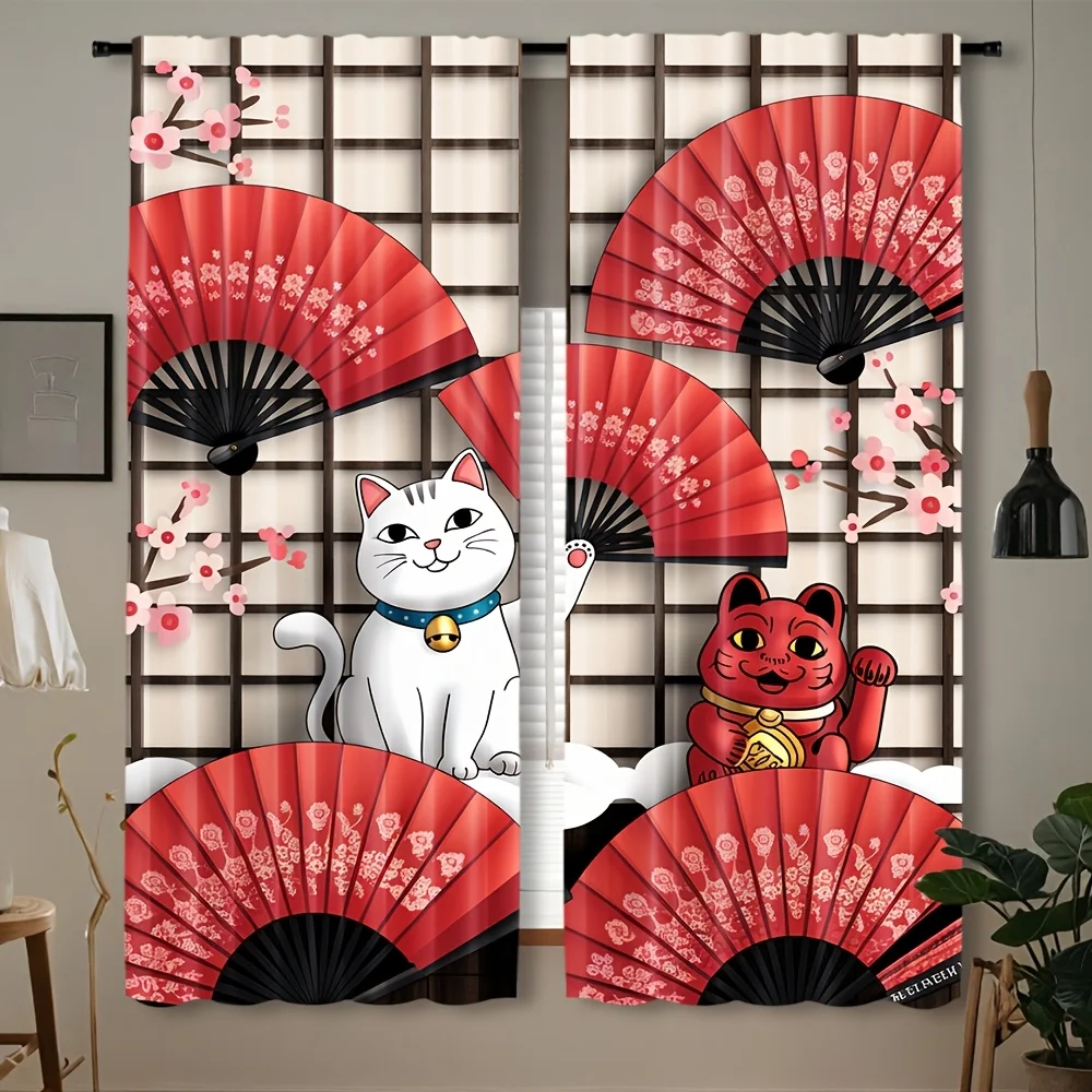 Japanese Lucky Cat Red Fan Curtain 2 Panels Plum Blossom Lattice White Cloud Background Master Curtain Oriental Fortune Home