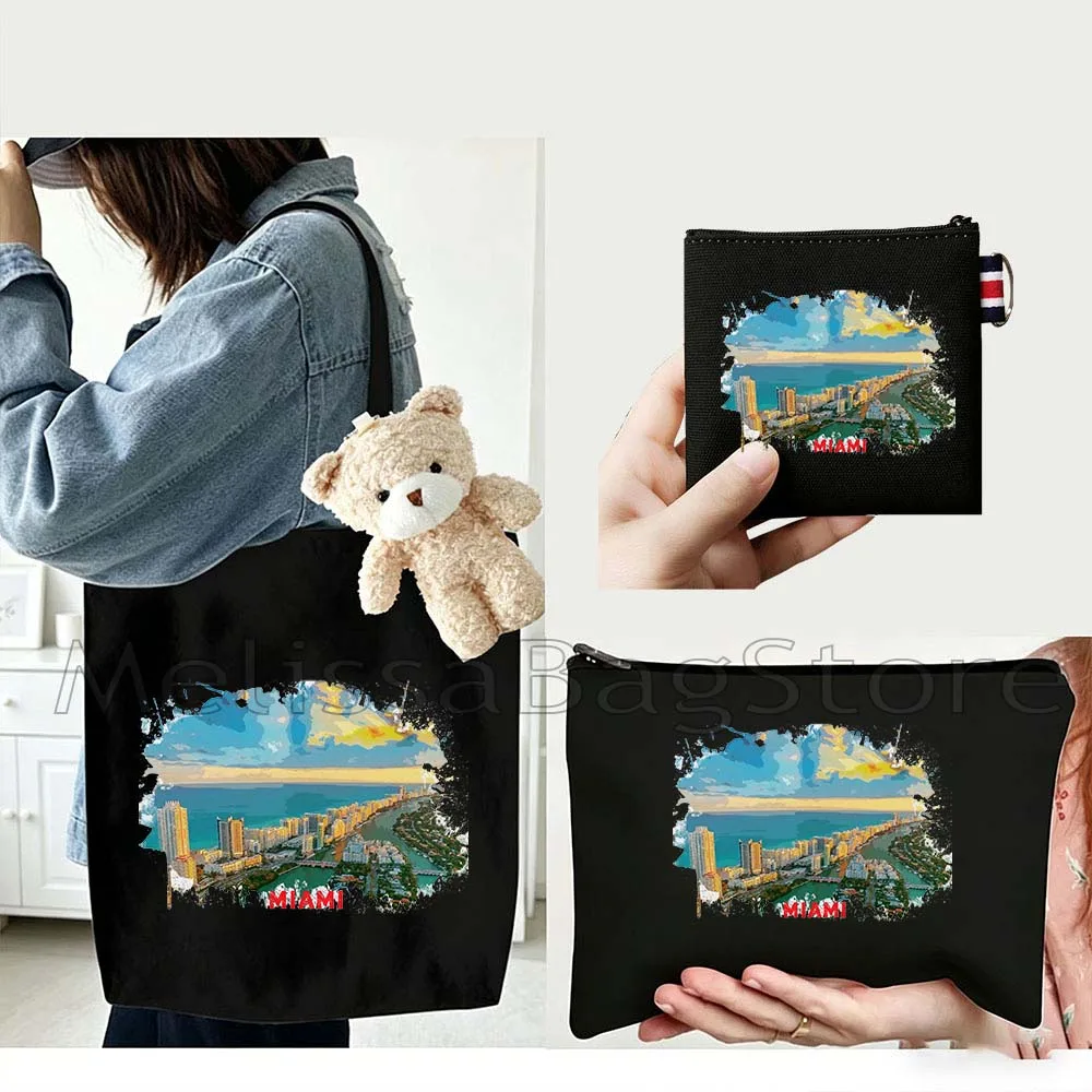 4PCS Gifts Set Miami Florida White Canvas Tote Bag Handbag with Doll Key Coin Purse Cosmetic Makeup Toilet Bag Case Pouch