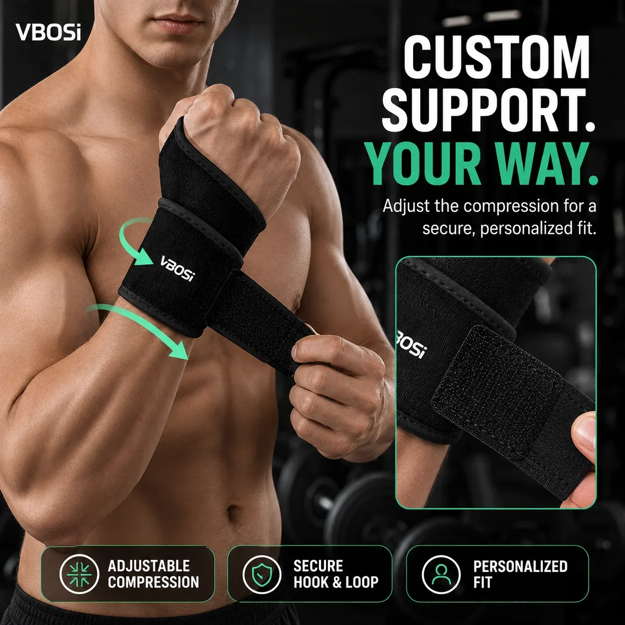 VBSOi Adjustable Wrist Support Brace with Thumb Loop for Weightlifting Gym Fitness Sports Training Wrist Wrap Hand Protection