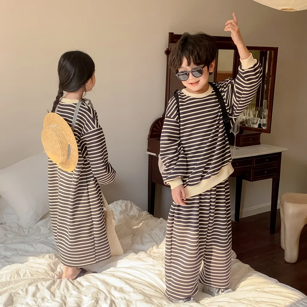 

Girl Dress Children Clothes 2024 Spring Girls Korean Casual Hoodie Dress Children Hoodie Dress Girls Fashion Striped Long Skirt