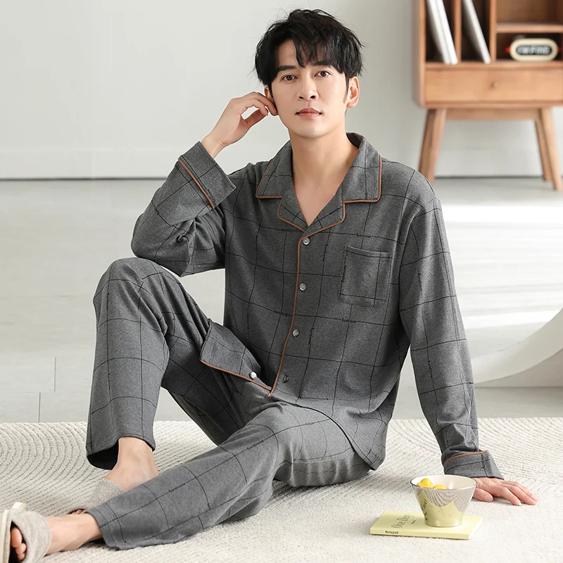 Newest Men Pajamas Set 100%Cotton Long Sleeve Sleepwear Men Pajama Suit Loose M-4XL Nightwear Pijama Male Sleepwear