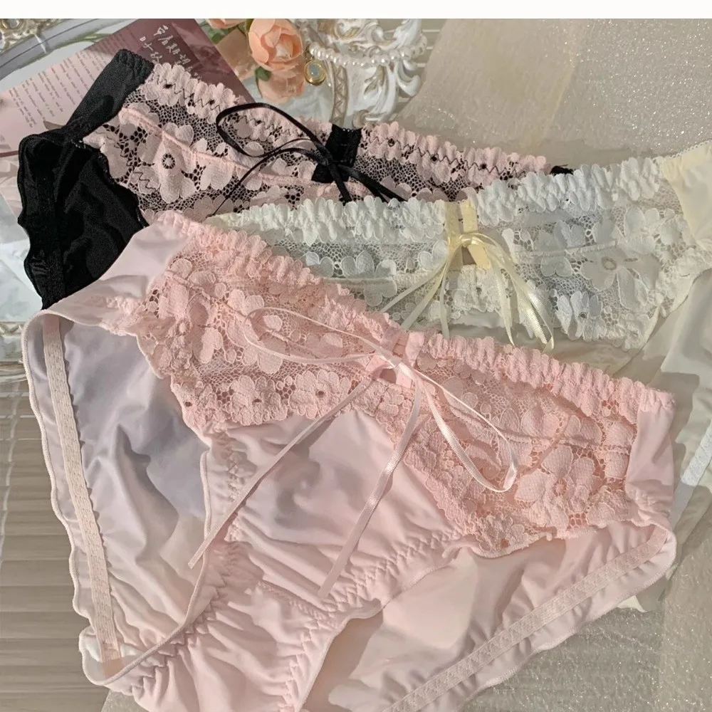 

Comfortable Low Waist Mesh Lace Panties Sweet Ruffle Underwear for Women Lingerie French Style Lace Bow Briefs Girl