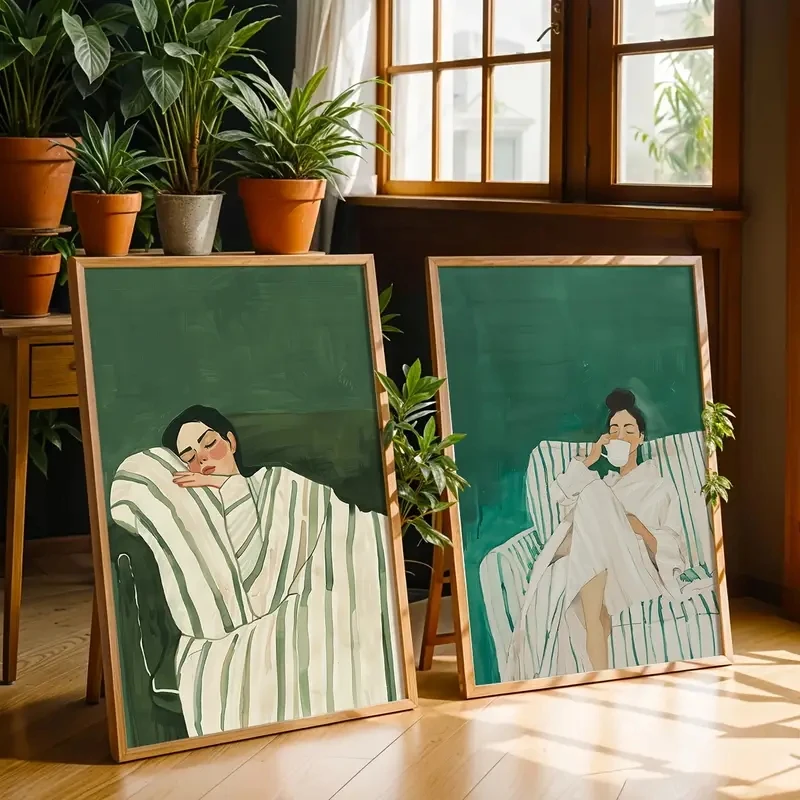 2pcs Frameless Canvas Wall Art,2pcs/Set Abstract Figure Emerald Green Striped Woman Canvas Poster Minimalist Large-scale Art Wal