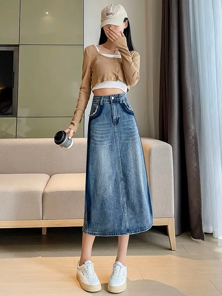 Women's Casual High Waist Denim Skirt Split back Trim Midi Jean Skirts Long stretch cozy chic trendy Fashion Cut out 2024