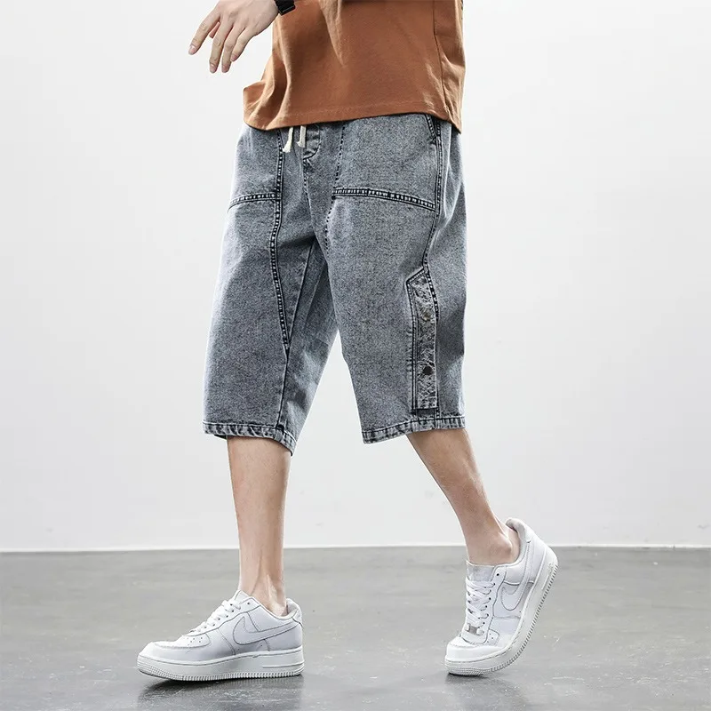 

KIDWHXR Summer Men Calf-length Pant Thin Patchwork Washed Male Shorts Streetwear Straight Drawstring Casual Man Denim Shorts