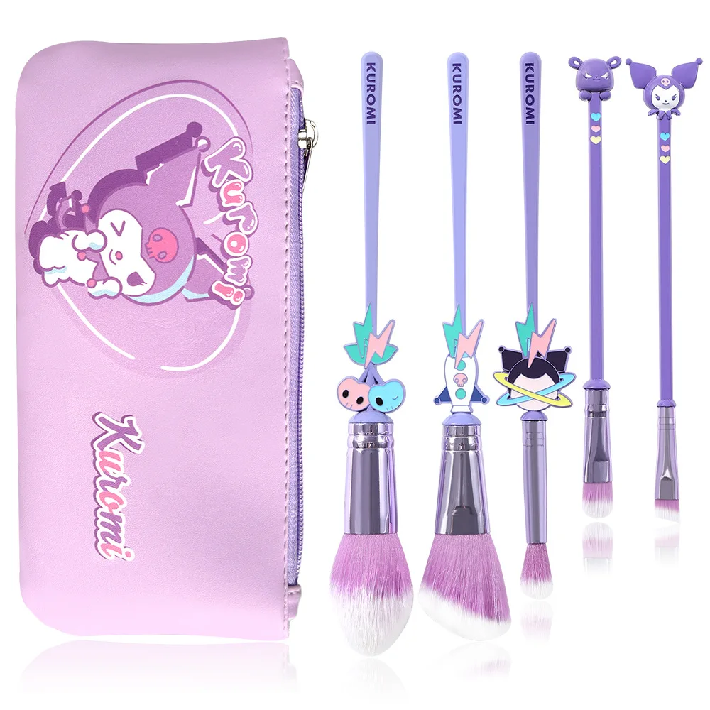 Conjunto de pincéis de maquiagem Sanrio Kuromi de 5 peças – Design de desenho animado super macio e fofo com estojo de couro para meninas – Idéia de presente perfeita