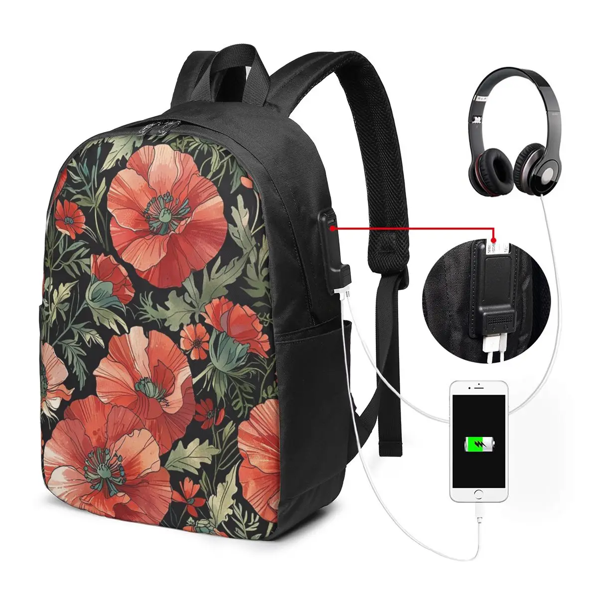 Poppy Flower And Plant Pattern Backpack Travel Notebook Bag Computer College Student School Bag Laptop Shoulder Bags Men Women