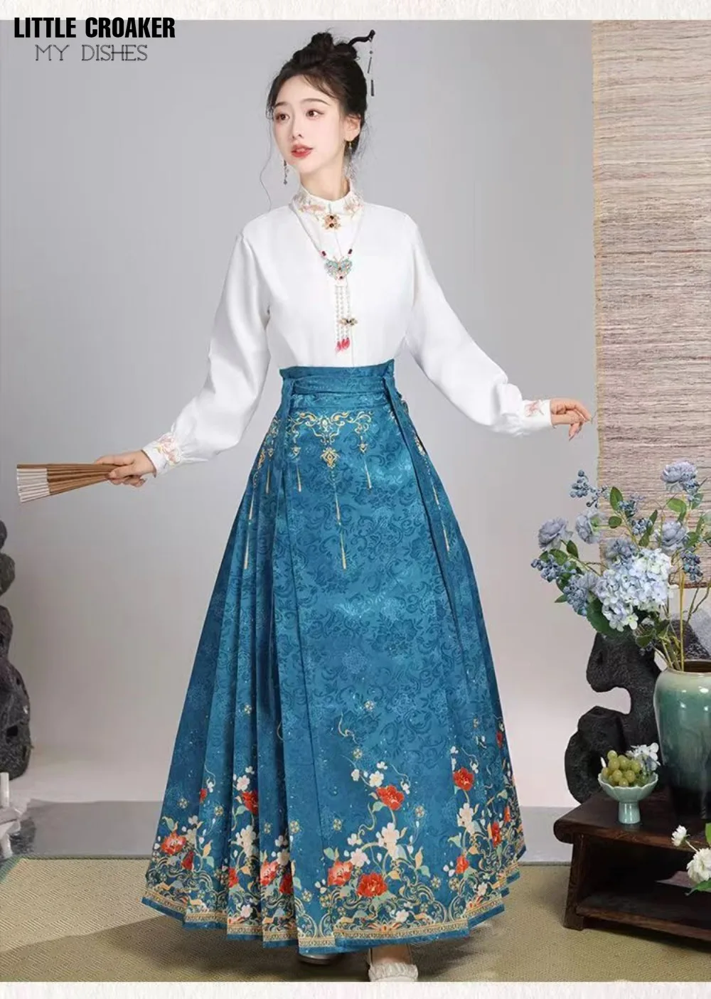 Graphic Print A-line Pleated Skirt Chinese Style Tie High Waist Blue Black Horse Face Skirt for Spring & Fall Women's Clothing