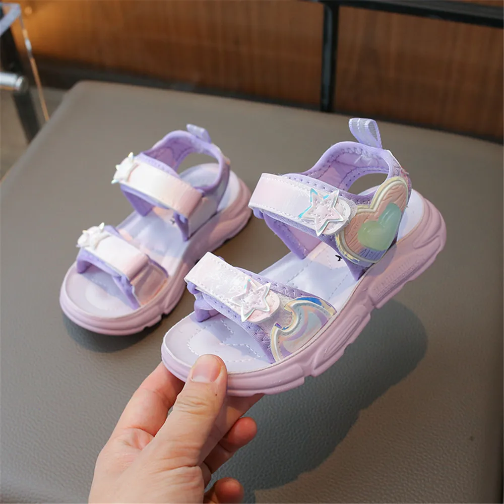 Kids 2024 Pink Sandals for Girls Princess Shoes Girl Hook Loop Flat Sandal Child Teen Summer Open Toes Beach Shoe 27-38