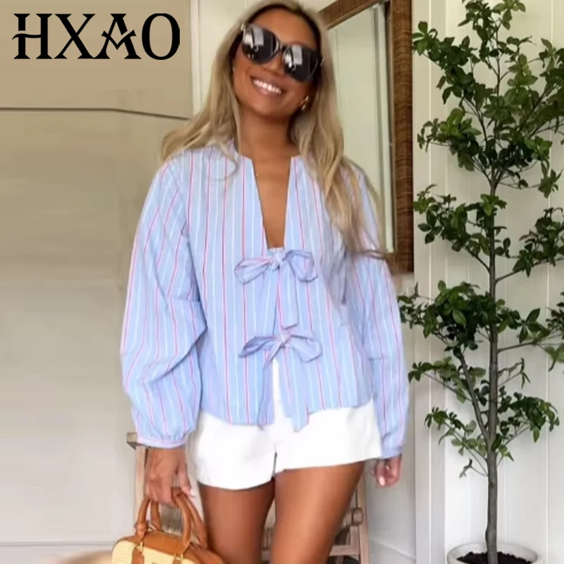 

HXAO Women's Bow Striped Shirt Spring Woman 2025 Butterfly Lace-Up Shirts & Blouses Oversized Long Sleeve Blouse Casual Blouses