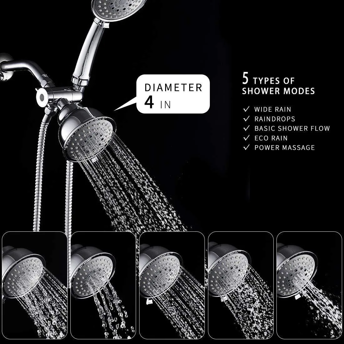 Luxury Combo Dual Shower Head System Flexible Hose 5 Settings Diverter Easy Clean Nozzles Durable