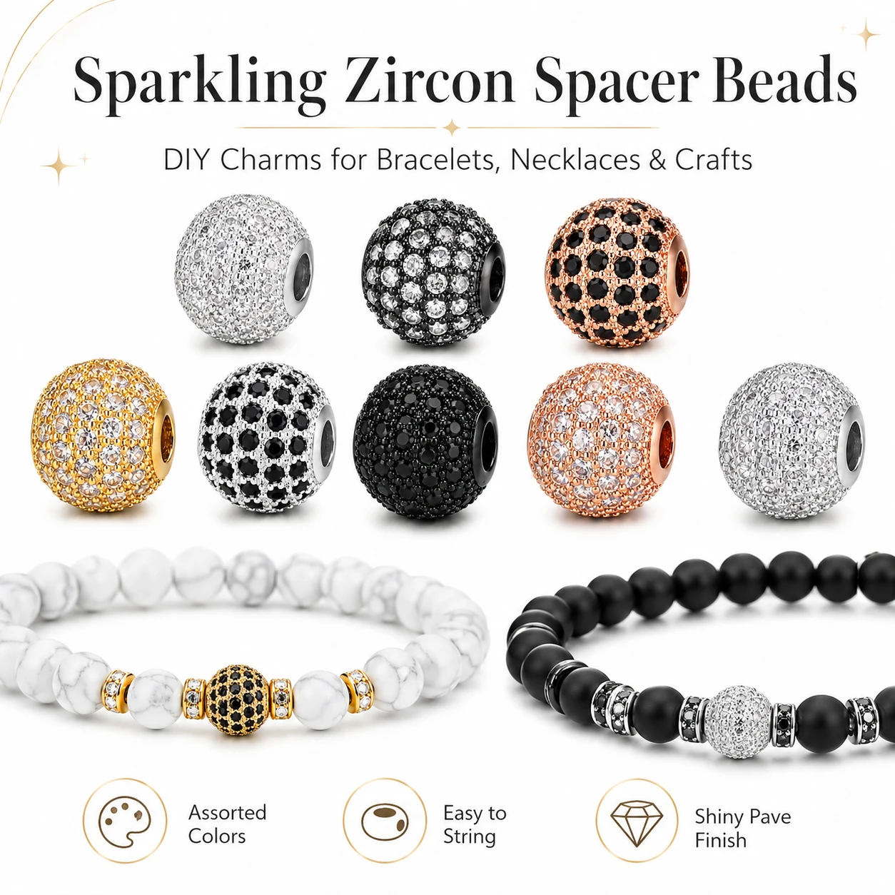 

3/6Pcs Coppers Zirconia Round Spacer Beads, Sparkling Charm Beads for DIY Jewelry Making, Bracelet Necklace Craft Supplies