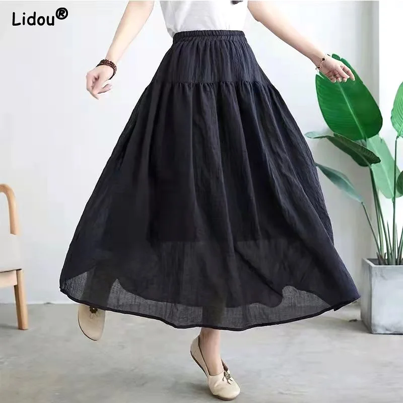 Elastic Waist Pleated Casual Pure Cotton Solid Loose Neutral Ankle-length Skirts Women's Clothing 2022 Spring Summer Thin Retro