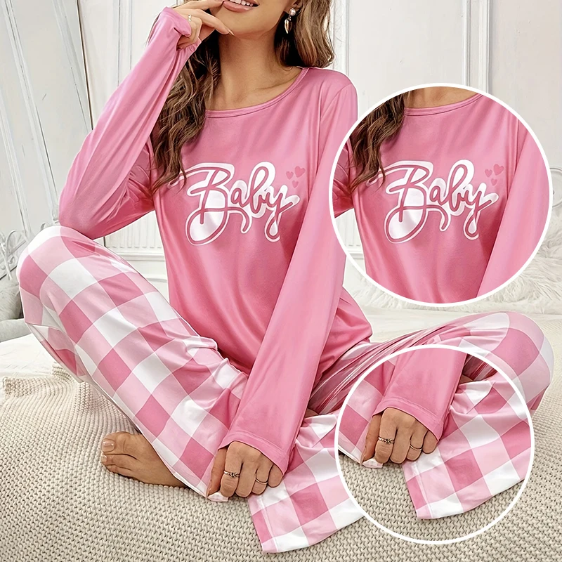 Two Piece Set of Long Pink Checkered Women\'s Printed Checkered Pink Long Sleeved Pullover Casual Home Sleepwear Set
