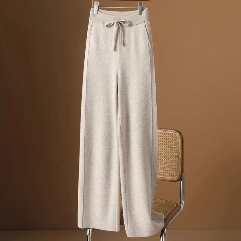 High Waist Wide Leg Woolen Pants Women's Deep ey Floor Length Trousers Spring Winter New Sle Slimming Casual Pants