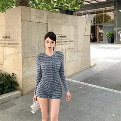 French Style Long Sleeved Jump Suit for Women in Autumn Winter Slim fit Bottom Pants for Slimming High Waisted Jumpsuit Shorts K