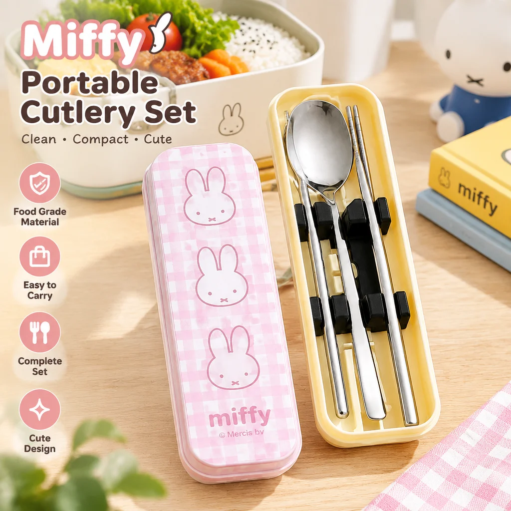 Portable Miffy Cutlery Set Chopsticks Spoon Cute Cartoon Storage Box Tableware for Students Office Workers Travel Lunch Box