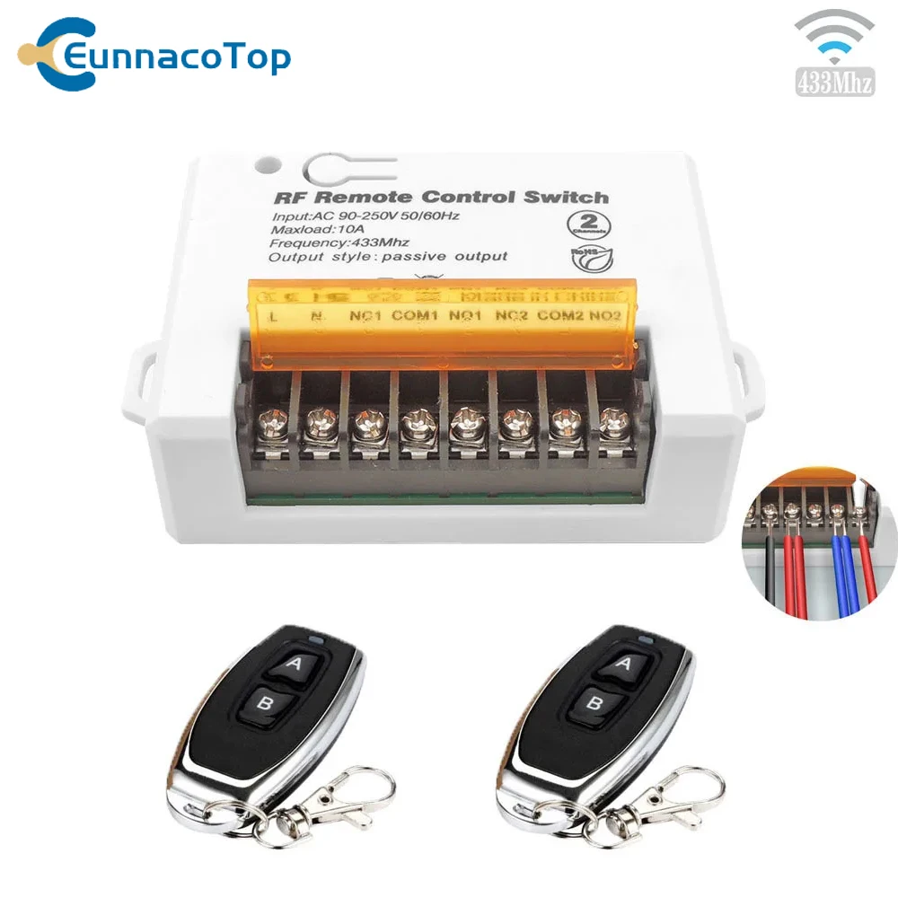 EunnacoTop RF 433 Mhz Wireless Remote Control Switch Relay 220v 2 Channels Big Wiring Port Receiver for Motor Garage Door