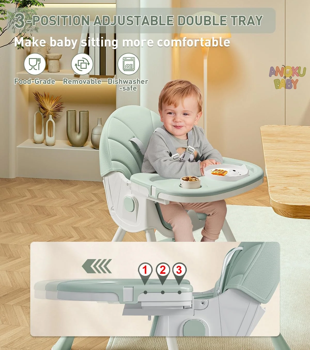 كرسي أطفال مرتفع 3 في 1 بارتفاع قابل للتعديل واستلقاء كرسي طعام للأطفال لسهولة السفر كرسي تغذية قابل للطي مع أشرطة أمان