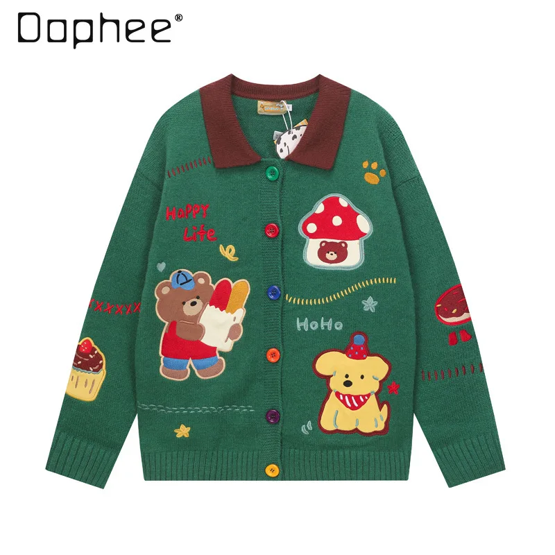 

Japanese Retro Fun Cartoon Embroidered Knitted Cardigan Autumn Winter Loose Sweater Coat Trendy Long Sleeve Top