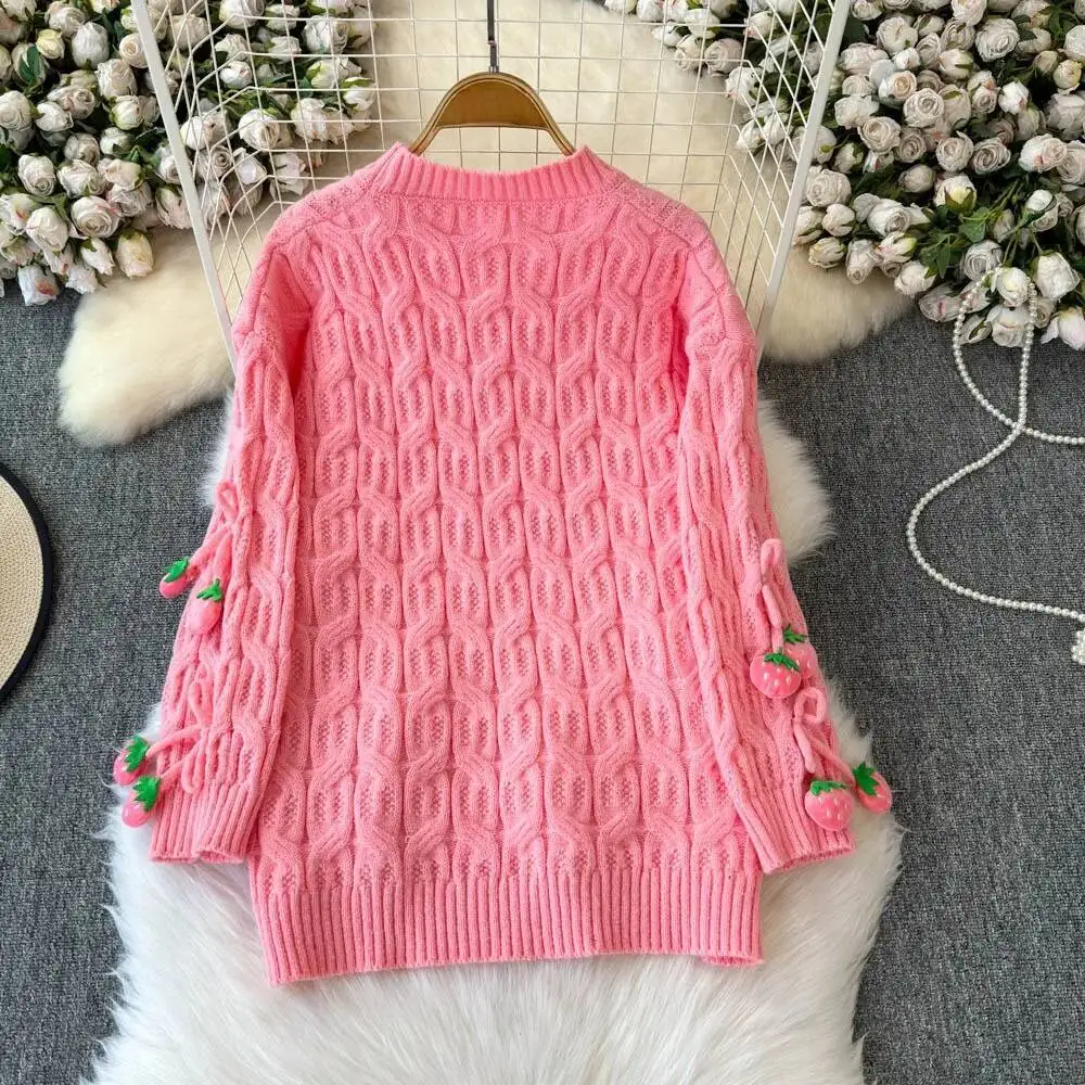 

Джемпер BabYoung Sweet Age Reduction с тяжелым круглым вырезом и длинными рукавами, универсальный простой топ знаменитостей в Интернете, вязаное пальто с цветком клубники