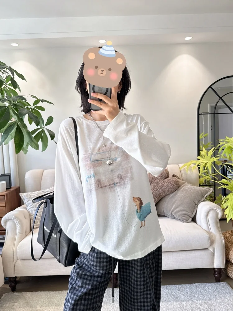 

Dry Touch Loose Fit Long Sve T-irt Thin Dachund Print Casual Sle Cotton Polyester Blend Spring Season round Ne