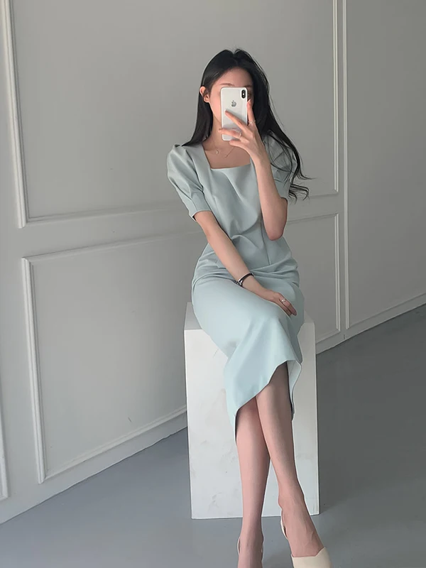 Ele coréen Sle femmes Dr col carré moulante bulle Sve jupe longue taille haute minceur été Dr
