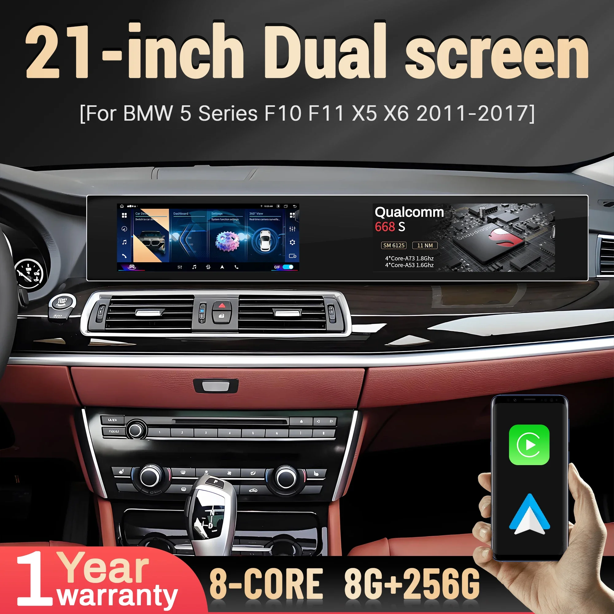 

21-дюймовый для BMW 5 серии F10 F11 X5 X6 2011-2017, Android-радио, беспроводной Apple Bluetooth Carplay, мультимедийный сенсорный экран, стерео