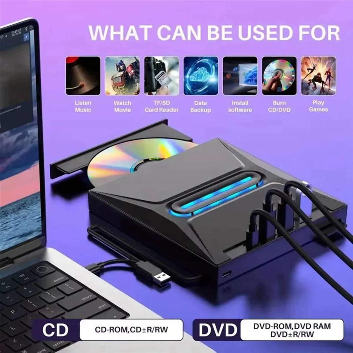 A49T USB 3.0 Внешний привод для компакт-дисков и DVD Высокоскоростной портативный привод для компакт-дисков/DVD +/-RW со считывателем SD-карт, запишителем для компакт-дисков и USB-C Conn