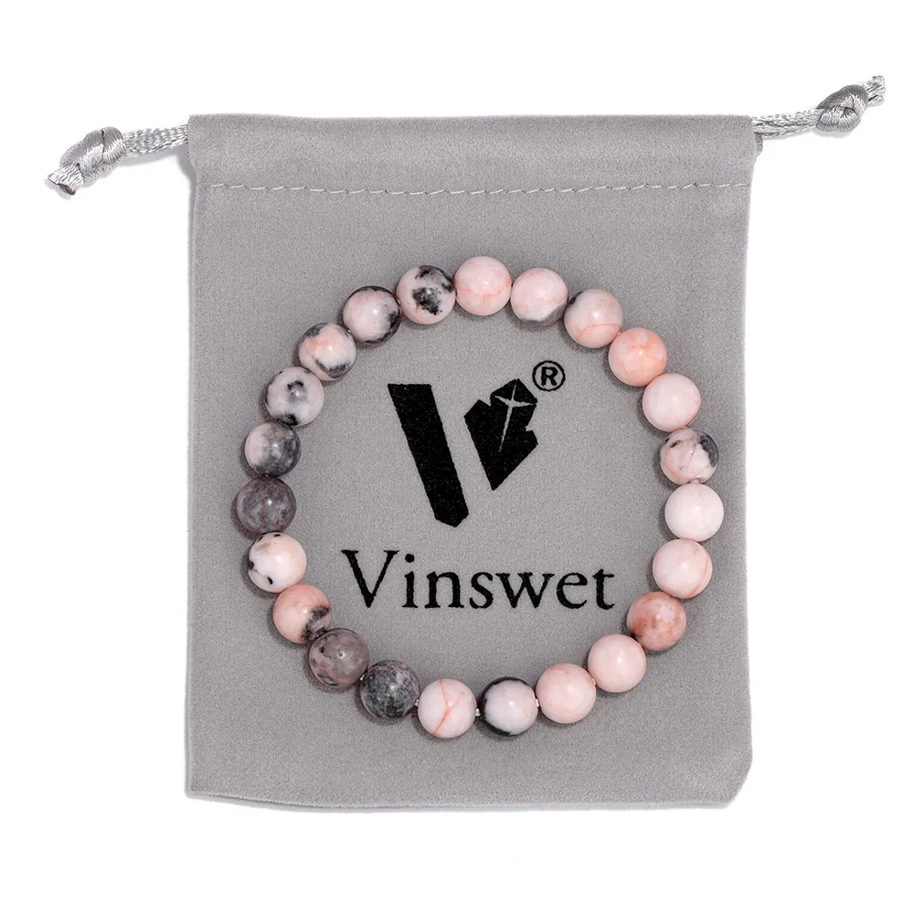 Vinswet Natural Stone Beaded Bracelet With Velvet Bag 8mm Lava Jad Pink Zebra Labradorite Opal Beads Bangles For Women Men Gift