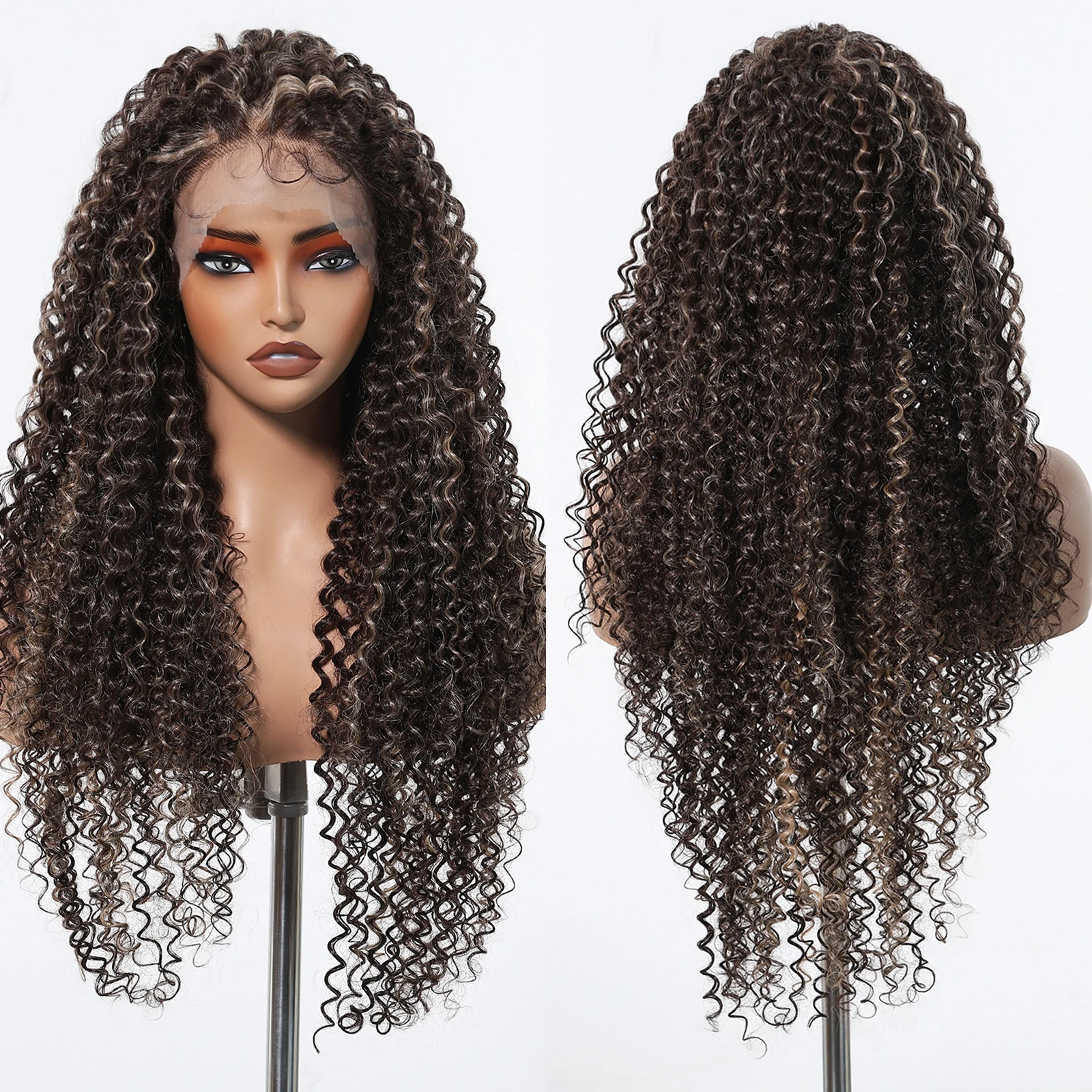 26-30inches Afro Curl Synthetic Wigs 13* 6 Lace Natural Brown Highlight Wig for Women Daily Use Heat Resistant FiberCosplay Wig