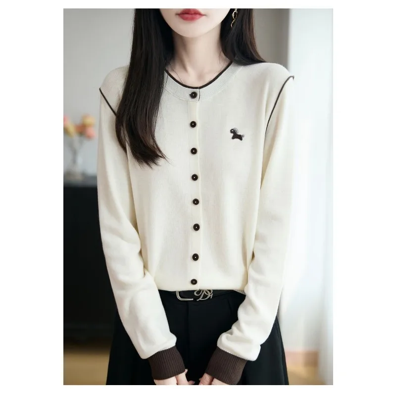 

Поддельный свитер из двух частей контрастного цвета с круглым вырезом, женский кардиган, пальто с вышивкой, осенне-зимний топ