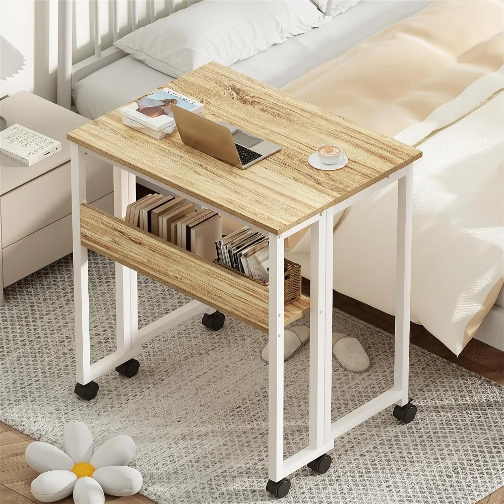 مكتب دوار مدمج مع رف تخزين - مكتب كمبيوتر قابل للطي مقاس 31.5 بوصة للمساحات الصغيرة وسهولة التجميع والتنقل