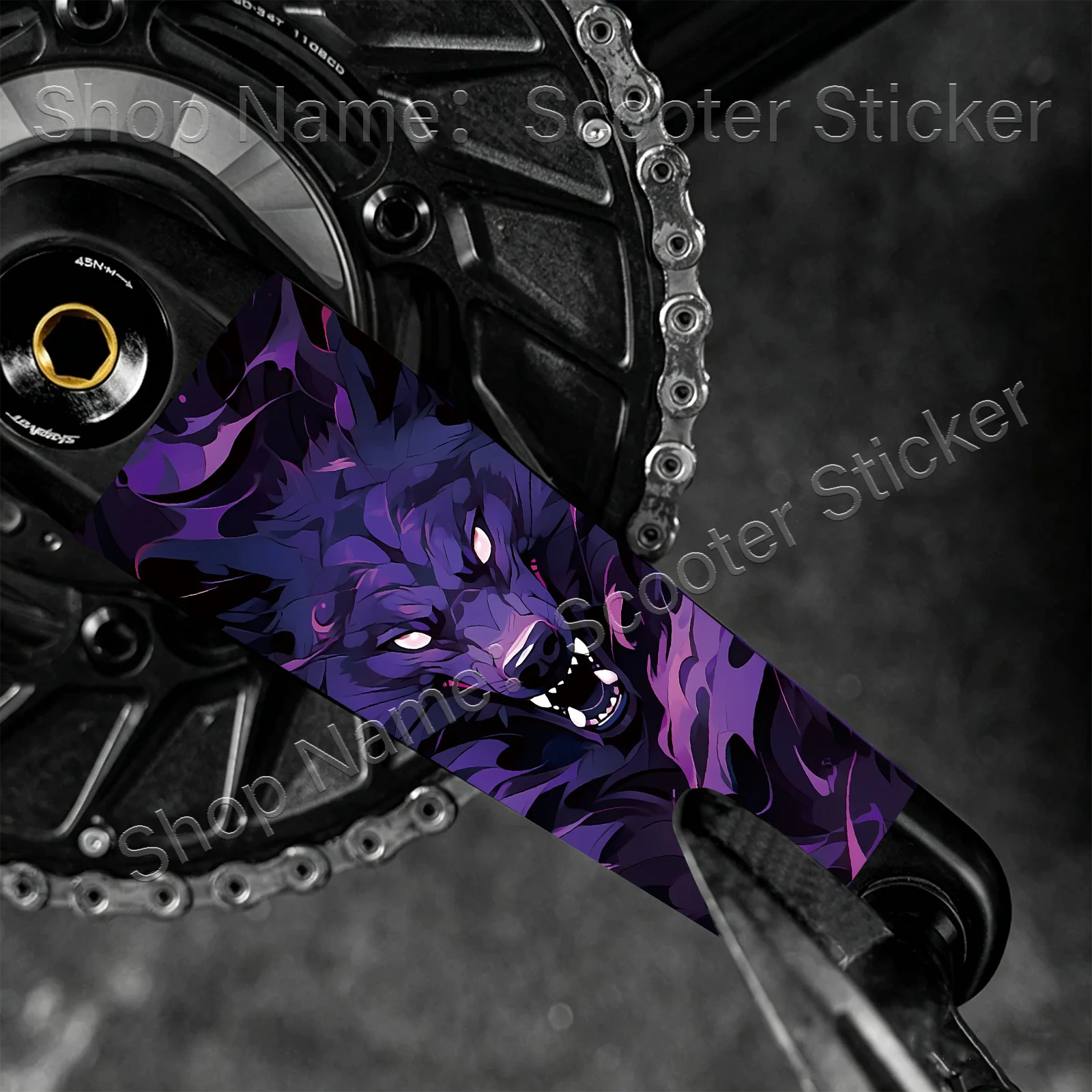 2Pcs Purple Wolf Crank Arm Stickers, Waterproof Vinyl Decals, Aggressive Anime Wolf, Scratch Resistant Bike Accessories