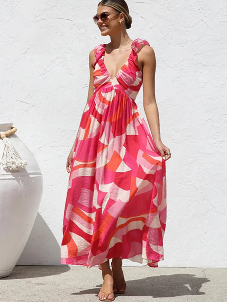 

SKMY 2025 Summer New Party Dresses Y2k Clothes Women Fashion Printed V-Neck A-Line Strap Sleeveless Dress Sexy Clubwear