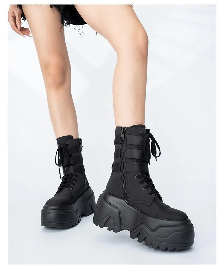 Women Ankle Booties Autumn Leather Chunky Shoes High Platform Breathable Sneakers 9CM Thick Sole Wedges Motorcycles Boots