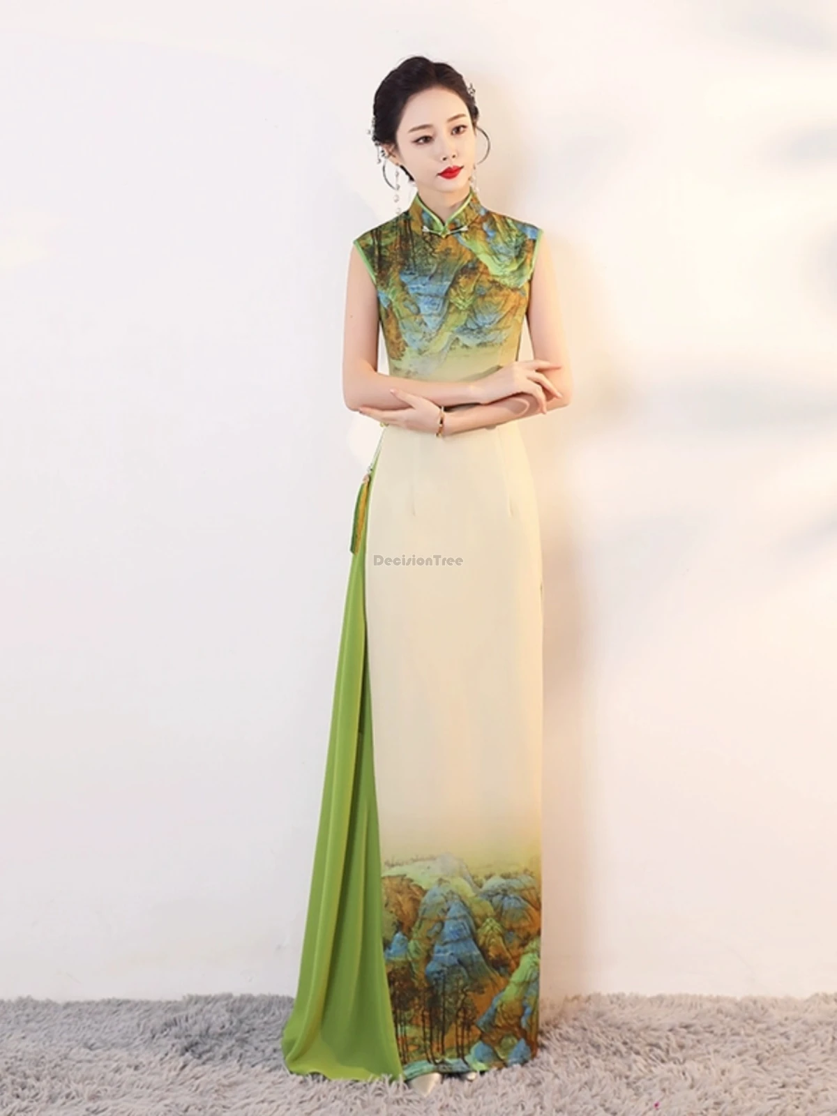 

2025 chinese style improved cheongsam performance dress women long elegant stage performance sleeveless printed yarn qipao t001